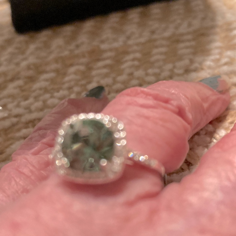 Silver Ring with Green Gemstone and Halo Accent - Women's Jewelry